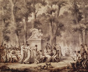 Jardin des Tuileries i 1808 (penn og blekk og bistre i papir)